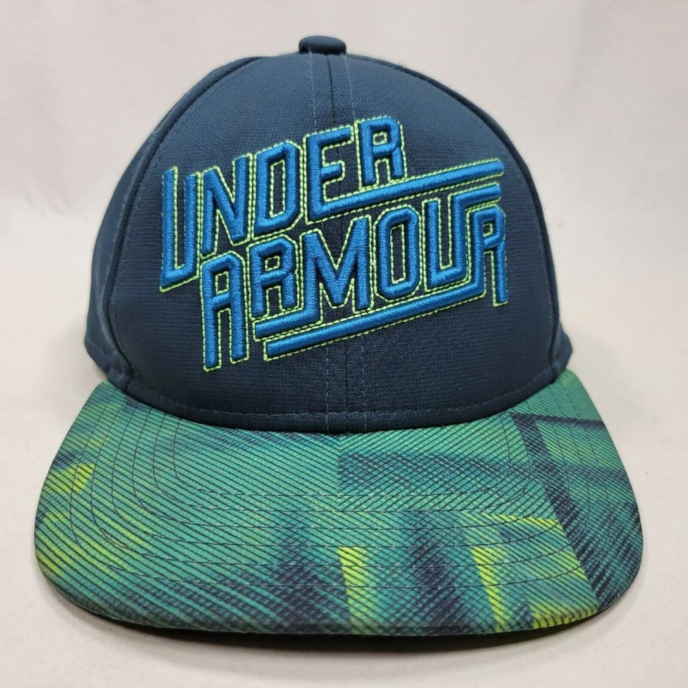 Under Armour Flex Fitted Hat Youth S/M P/M Teal Blue Green Spell Out Logo